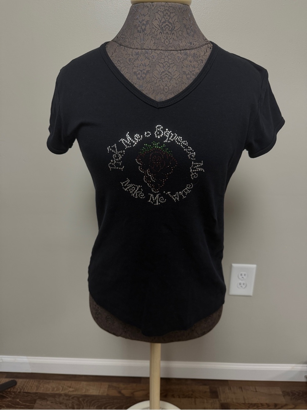 Women's Black V-Neck Rhinestone Graphic Tee